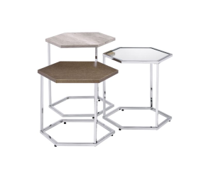 ACME 82105 Simno - Coffee Table - Clear Glass, Taupe, Gray Washed & Chrome Finish