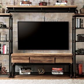Furniture of America CM5913-TV-PK Kebbyll - TV Stand - Antique Black / Natural Tone