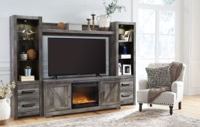 Signature Design by Ashley® W440/68/24(2)/27/W100-02 Wynnlow - 5 Pc. - Entertainment Center - 63" TV Stand with Fireplace Insert Glass/Stone - Gray