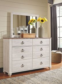 Signature Design by Ashley® B267/31/36 Willowton - Dresser, Mirror - Whitewash