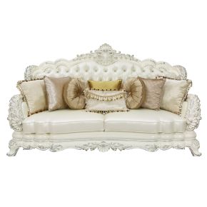ACME LV01224 Adara - Sofa With 7 Pillows - Pearl White Synthetic Leather & Antique White