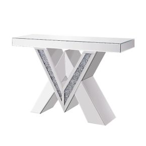 ACME 90444 Noralie - Console Table, "V" Shape Pedestal - Mirrored & Faux Diamonds