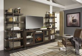 Signature Design by Ashley® W633/68/34(2)/W100-101 Starmore - Brown / Gunmetal - 4 Pc. - Entertainment Center - 70" TV Stand With Faux Firebrick Fireplace Insert