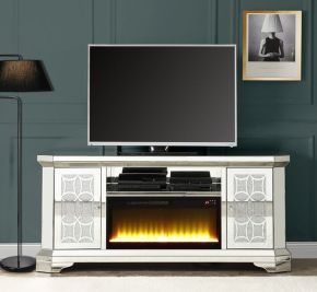 ACME LV00520 Noralie - TV Stand With Fireplace - Mirrored & Faux Diamonds