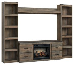 Ashley Furniture EW0446W9 Trinell - 4-Piece Entertainment Center With 60" TV Stand And Faux Firebrick Fireplace Insert - Brown