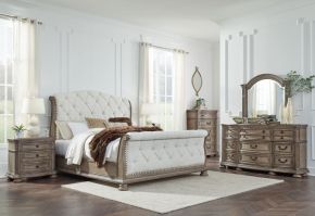 Signature Design by Ashley® B944/31/36/58/56/97 Ardenfield - 5 Pc. - Dresser, Mirror, King Upholstered Sleigh Bed - Light Brown