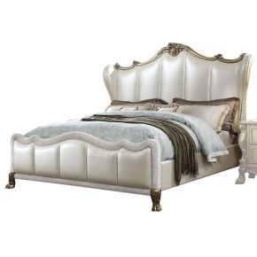 ACME 27814CK Dresden II - California King Bed - Pearl White PU & Gold Patina