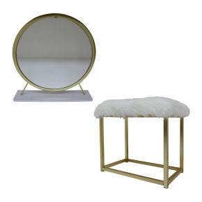 ACME AC00932 Adao - Vanity Mirror & Stool - Faux Fur, Mirror, White & Brass