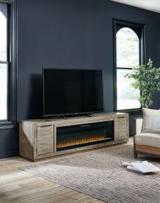 Signature Design by Ashley® W760/78/W100-22 Krystanza - Weathered Gray - TV Stand With Wide Fireplace Insert
