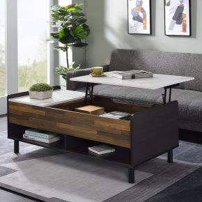 ACME LV00828 Axel - Coffee Table With Lift Top - White Printed Faux Marble Top, Walnut & Black