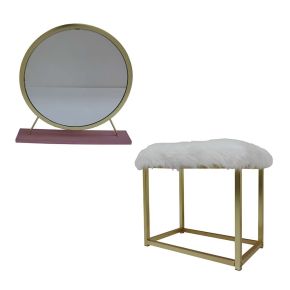 ACME AC00934 ACME AC00934 Adao - Vanity Mirror & Stool - Faux Fur, Mirror, Pink & Gold