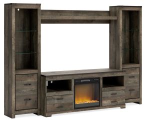Ashley Furniture W446W10 Trinell - 4-Piece Entertainment Center With 63" TV Stand And Glass/Stone Fireplace Insert - Brown