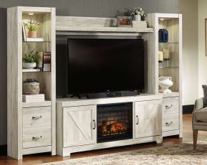 Signature Design by Ashley® W331/68/24(2)/27/W100-101 Bellaby - Entertainment Center - TV Stand With Faux Firebrick Fireplace Insert - Whitewash