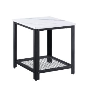 ACME 83967 Taurus - End Table - White Printed Faux Marble & Black Finish