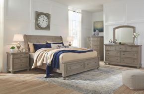Signature Design by Ashley® B733/31/36/46/77/74/98 Lettner - 6 Pc. - Dresser, Mirror, Chest, Queen Sleigh Bed with 2 Storage Drawers - Light Gray