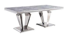 ACME 68265 Satinka - Dining Table - Light Gray Printed Faux Marble Top & Mirrored Silver