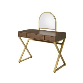 ACME AC00665 Coleen - Vanity Desk With Mirror & Jewelry Tray - Walnut & Gold