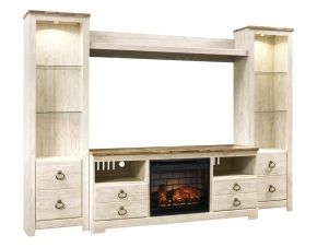 Ashley Furniture W267W9 Willowton - Entertainment Center - TV Stand With Faux Firebrick Fireplace Insert - Whitewash