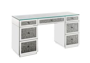 ACME 93120 Noralie - Office Desk - Clear Glass, Mirrored & Faux Diamonds