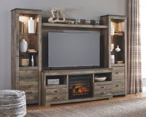 Signature Design by Ashley® W446/68/24(2)/27/W100-101 Trinell - 5 Pc. - Entertainment Center - 63" TV Stand with Faux Firebrick Fireplace Insert - Brown