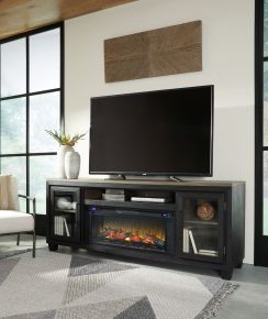 Signature Design by Ashley® W989/68/W100-12 Foyland - Black / Brown - 83" TV Stand With Electric Infrared Fireplace Insert