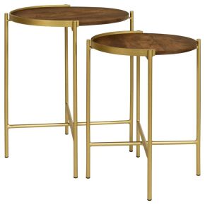 Coaster Fine Furniture 936168 Malka - 2 Piece Round Wood Nesting Table - Dark Brown And Gold