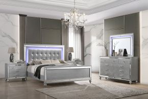 New Classic 02-9698S-15N Valentino - 6/6 Eastern King 5 Piece Bedroom Set (Bed & Dresser & Mirror & 2 Nightstands) - Silver