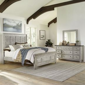 Liberty Furniture 824-BR-OKPBDM Heartland - 3 Piece Bedroom Set (King Panel Bed, Dresser & Mirror) - Aged White