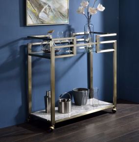 ACME AC00159 Neilo - Kitchen Cart - Clear Glass, Faux Marble & Wire Brass Finish