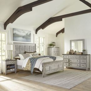 Liberty Furniture 824-BR-OKPBDMCN Heartland - 5 Piece Bedroom Set (King Panel Bed, Dresser & Mirror, Chest, Nightstand) - Aged White