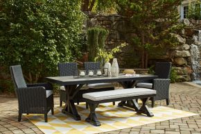 Signature Design by Ashley® P792/625/601/601A/600 Beachcroft - 6 Pc. - Outdoor Dining Table, 2 Side Chairs, 2 Arm Chairs, Bench - Black / Light Gray