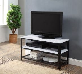 ACME 91602 Taurus - TV Stand - White Printed Faux Marble & Black Finish