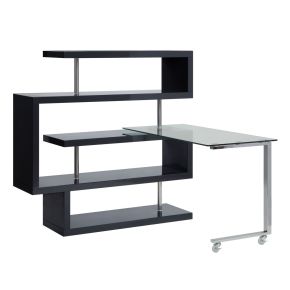 ACME 93177 ACME 93177 Buck II - Writing Desk With Bookshelf - Clear Glass, Chrome & Black High Gloss