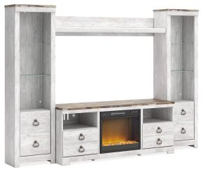 Signature Design by Ashley® W267W4 Willowton - Whitewash - 4-Piece Entertainment Center With 64" TV Stand And Glass/Stone Fireplace Insert
