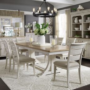 Liberty Furniture 652-DR-O7TRS Farmhouse Reimagined - 7 Piece Trestle Table Set (Ladder-Back Upholstered Chairs) - White