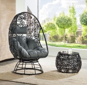 ACME 45113 Hikre - Patio Lounge Chair & Side Table - Clear Glass, Charcoal Fabric & Black Wicker