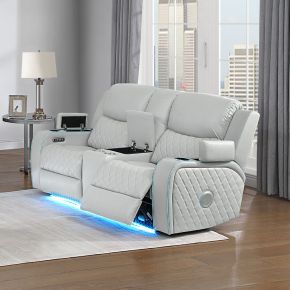 ACME LV05901 Elonzo - Power Motion Loveseat With Console, LED, Power Headrest & Speaker - Light Gray
