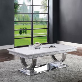 ACME 87355 ACME 87355 Zander - Coffee Table - White Printed Faux Marble Top & Mirrored Silver