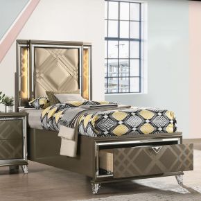 ACME 25340T Skylar - Twin Bed With LED & Storage - Synthetic Leather & Dark Champagne