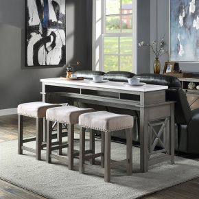 ACME DN00088 Wandella - 4 Piece Counter Height Table Set With USB - Beige Fabric, Marble Top & Weathered Gray