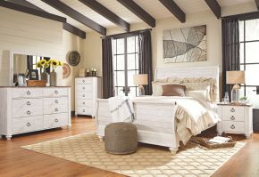 Signature Design by Ashley® B267/31/36/77/74/96 Willowton - Whitewash - 5 Pc. - Dresser, Mirror, Queen Sleigh Bed