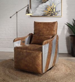 ACME 59942 Qalurne - Power Motion Recliner With Swivel - Two Tone Mocha Top Grain Leather & Aluminum