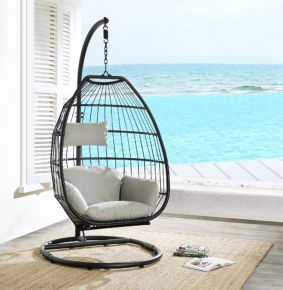ACME 45115 Oldi - Hanging Chair - Beige Fabric & Black Wicker