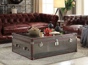 ACME 82290 Aberdeen - Coffee Table - Vintage Dark Brown Top Grain Leather & Stainless Steel