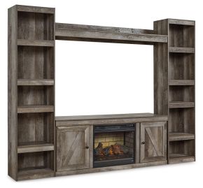 Ashley Furniture EW0440W8 Wynnlow - 4-Piece Entertainment Center With 60" TV Stand And Faux Firebrick Fireplace Insert - Gray