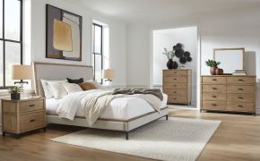 Benchcraft® B622/31/36/58/94/92(2) Benchcraft® B622/31/36/58/94/92(2) Tomtyn - 6 Pc. - Dresser, Mirror, California King Upholstered Bed, 2 Nightstands - Light Brown