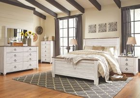 Ashley Furniture B267/31/36/57/54/98/92(2) Ashley Furniture B267/31/36/57/54/98/92(2) Willowton - 7 Pc. - Dresser, Mirror, Queen Panel Bed, 2 Nightstands - Whitewash