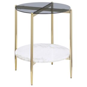 CoasterEveryday 710337 Jonelle - Round Glass Top End Table White Marble Shelf Gold - Smoke