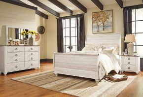 Signature Design by Ashley® B267/31/36/77/74/96/92 Willowton - Whitewash - 6 Pc. - Dresser, Mirror, Queen Sleigh Bed, Nightstand