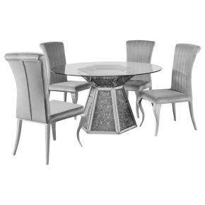 CoasterElevations 115561-S5G Quinn - 5 Piece Round Glass Top Mirrored Dining Set - Gray